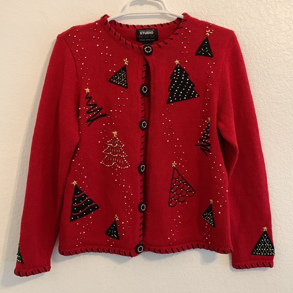 VINTAGE DESIGNERS ORIGINALS STUDIO UGLY CHRISTMAS CARDIGAN SWEATER RED